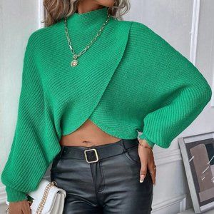 Green Preppy Womens Mock Neck Wrap Hem Batwing Sleeve Crop Sweater